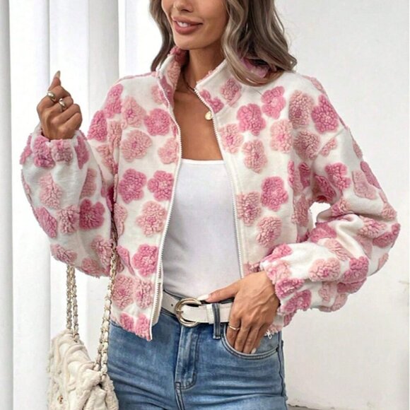 Multicolor Casual Women's All Over Print Floral faux Sherpa Zip Jacket - Picture 3 of 3